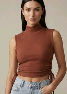 Rusty Ribbed Mock Neck Ruched Top