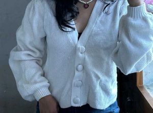 White Ribbed Cardigan with Balloon Sleeves