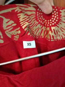 Red Ethnic Kurti with Gold Print &amp; Tie-Up Straps