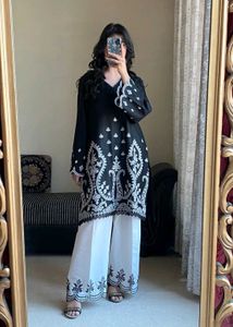 Elegant Black and White Embroidered Cord Set