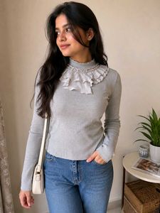 Grey Ribbed Long Sleeve Top with Ruffle Neck