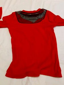 Chic Red Long Sleeve Top with Lace Detai for 11 to