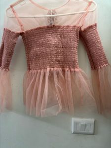 Miss More Sheer Mesh Smocked Top