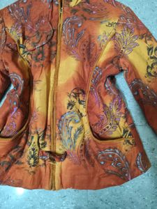 Orange Whimsical Paisley Print Corduroy Jacket