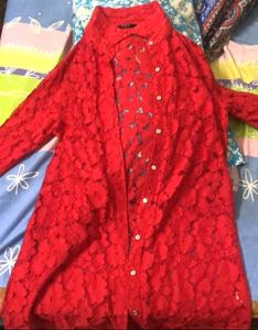 Red Lace Button-Down Shirt
