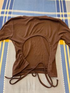 Chic Brown Long Sleeve Tie-Up Top