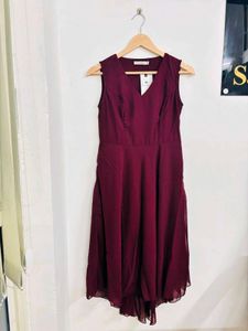 Elegant Wine Red V-Neck High-low Dress