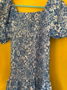 Blue Floral Midi Dress, size S, stretchable.