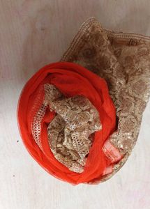 Orange Net Dupatta with Gold Detail