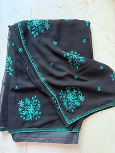 Embroidered Black Chiffon Saree