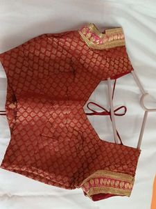 Red Brocade Blouse with Embellished Neckline