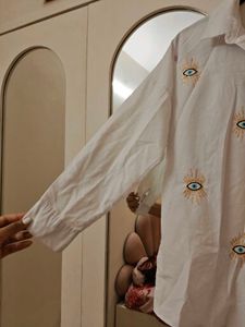 White Evil Eye Embroidered Cotton Shirt