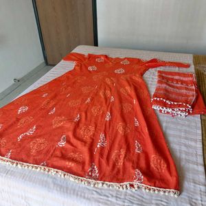 Orange Block Print Kurta Set with Dupatta