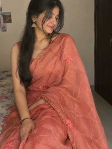 Peach Pink Floral Embroidery Saree |