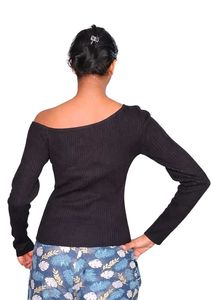 Stretchable Ribbed Chic Black One-Shoulder Top