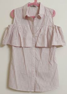 Cute Cold Shoulder Checkered Blouse