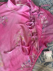 chinese Sheer Pink Floral Print Mini Dress