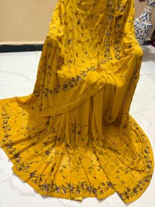 Yellow Sequined Silk Saree