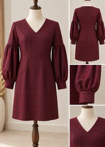 Chic Burgundy Puff Sleeve Dress