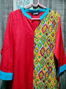 Red Kurta with Geometric Print Panel
