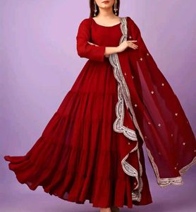 Elegant Red Tiered Gown with Embellished Dupatta