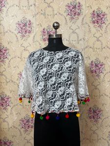 Stylish White Lace Blouse with Tassels