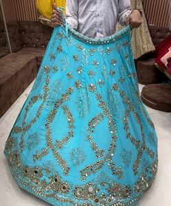 Stunning Blue Mirror Work Lehenga Set