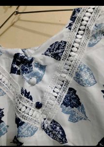White Blue Leaf Print Kurta