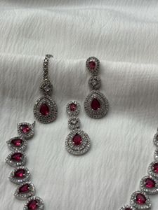 Ruby Red Necklace Set with Earrings &amp; Maang Tikka
