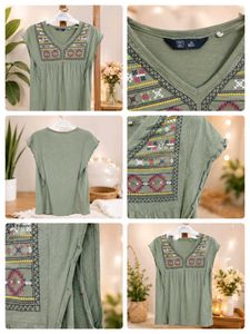 Boho Embroidered Green V-Neck Tunic Top🎽🥰✨