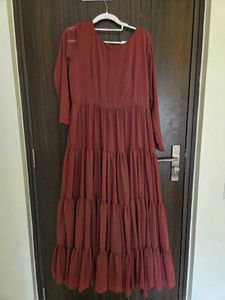 Maroon Tiered Gown with Embellished Bodice