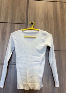 White V-Neck Ribbed Long Sleeve Top