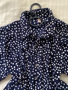 Navy Blue Polka Dot Button-Up Top