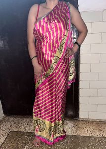 Vibrant Pink &amp; Gold Striped crepe Saree