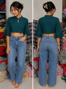 Stylish Teal Bell Sleeve Crop Top