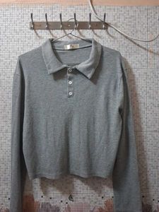 Grey Cropped Polo Long Sleeve Top