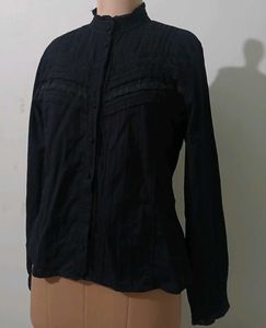 Vintage Chic Black Long Sleeve Ruffled Blouse