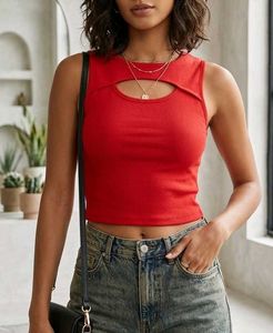 Red Ribbed Cutout Tank Top