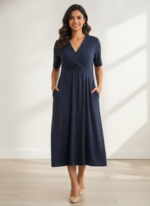 Navy Blue Midi Wrap Dress with Pockets