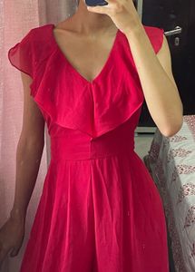 V-Neck Ruffle Detail Red Dress