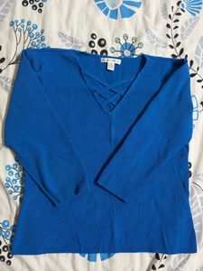 Blue V-Neck Lattice Detail Top