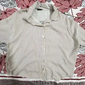 Beige &amp; White Striped Oversized Button-Down Shirt