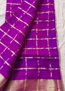 Vibrant Purple Silk Saree with Gold Checks
