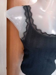 Black Ribbed Lace Trim Crop Top