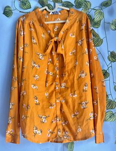 Mustard Floral Tie-Neck Blouse