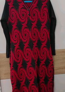 Woollen Red & Black Patterned Dress
