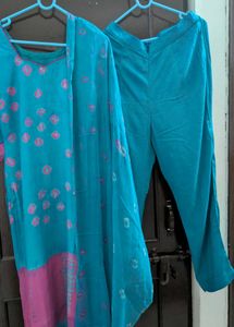 Turquoise Blue Bandhani Print Kurta Pant Dupatta M