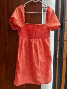 Orange Gingham Puff Sleeve Dress