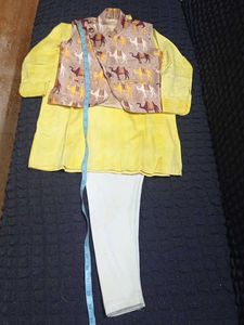 Boys Yellow Kurta with Camel Print Waistcoat