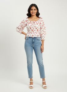 White Rose Print Puff Sleeve Top